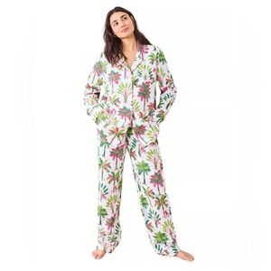 PRINTFRESH Royal Palms green pink white pajama PJ set S small longsleeve + pants